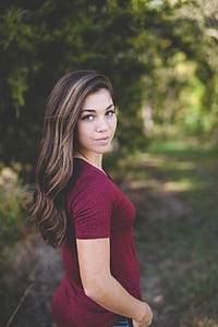 Woman Wearing Red Dress on the Woods during Daytime thumbnail