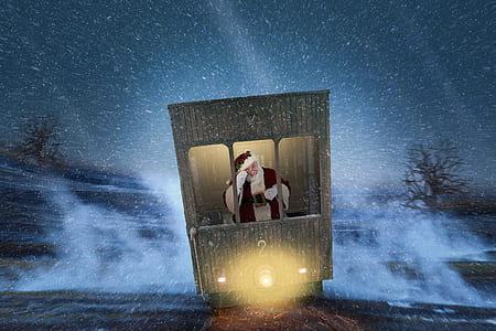 Santa Claus riding on black train graphic wallpaper thumbnail