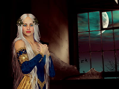 woman wearing blue dress near window pane during full moon screenshot thumbnail