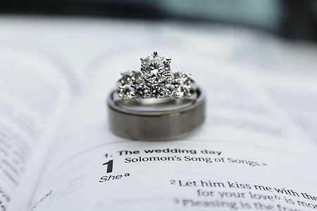 silver-colored band ring on top of white book with The Wedding Day song lyrics thumbnail