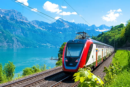 white, black, and red train on rail near body of water thumbnail