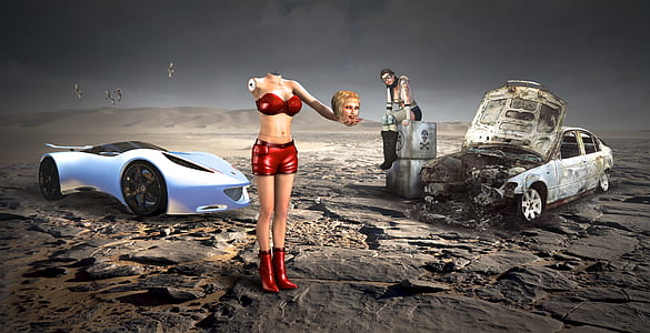 woman standing in the middle of the field surrounded two cars background thumbnail