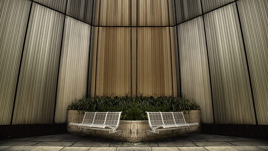landscape photography of gang chairs placed near plants thumbnail