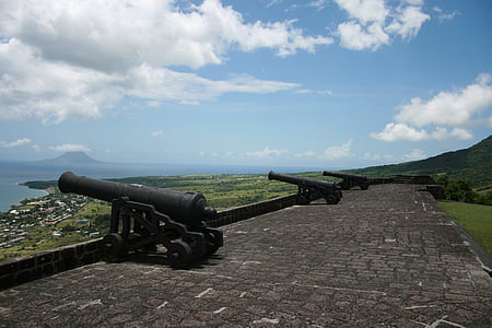 three black canons on concrete wall thumbnail