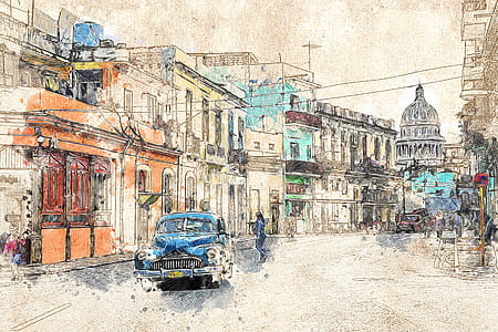 blue vehicle beside concrete buildings painting thumbnail