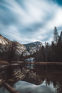 water mirror reflection of mountain under white clouds thumbnail