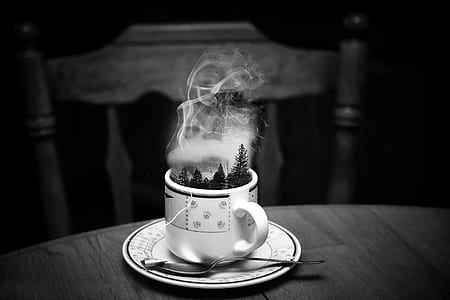 white and black ceramic mug with pine tree and smoke photography thumbnail