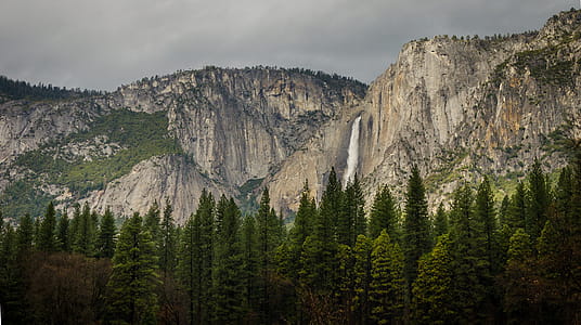 White Waterfalls Between Rocky Mountain during Cloudy Day thumbnail