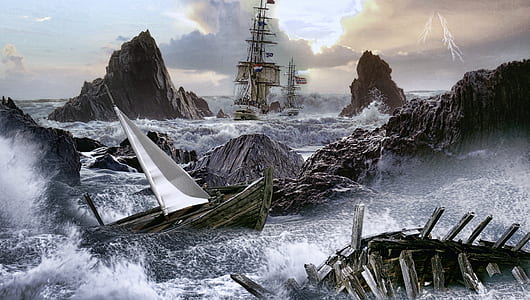 brown galleon ship sinking during daytime thumbnail