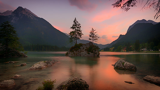 tree on rock formation surrounded by water during golden hour thumbnail