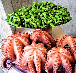 green chilis on tray beside raw octopus thumbnail
