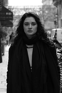 grayscale photo of a woman wearing scarf outdoor thumbnail