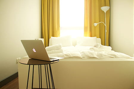 stool, laptop, bed, bedroom thumbnail