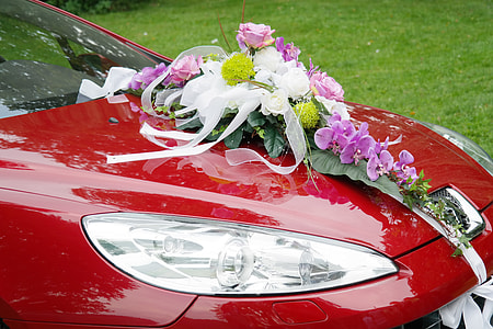 red car with white and purple flower on top thumbnail