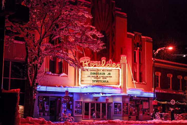 brown building with Boulder neon signage at n ight