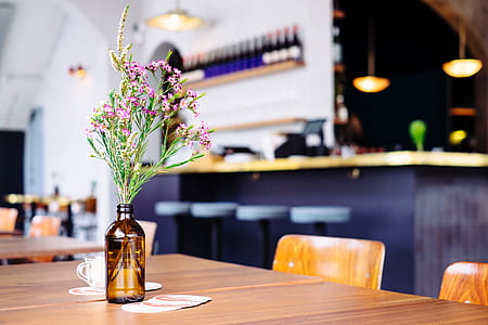 focus photo of pink petaled flower centerpiece on brown wooden table in room thumbnail