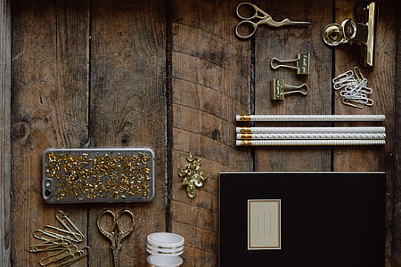 Office accessories on an old wooden tray thumbnail