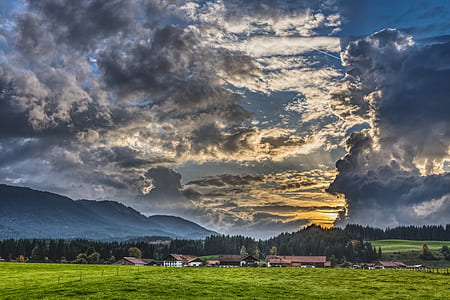 houses near green trees under gray and yellow sky thumbnail