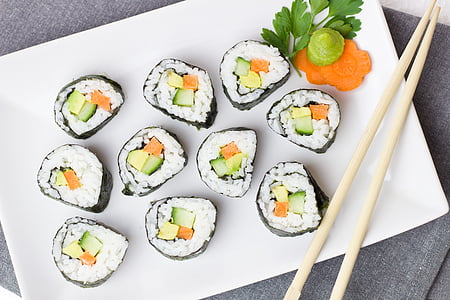 sushi rolls placed on white ceramic plate thumbnail