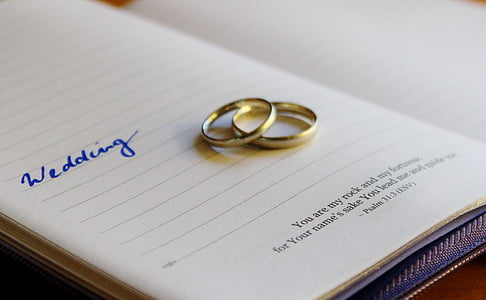 two gold-colored band rings on notebook thumbnail