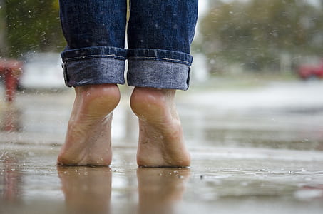 Person in Blue Denim Jeans Standing Outside the Rain thumbnail