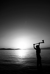 silhouette photo of person wielding axe at shoreline thumbnail