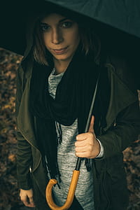 woman wearing green parka holding umbrella thumbnail