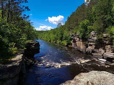 Green Leaf Trees Along River Under White Clouds and Blue Sky thumbnail