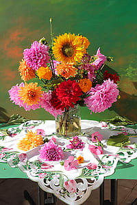 yellow sunflowers and red and pink Dahlias in clear vase painting thumbnail