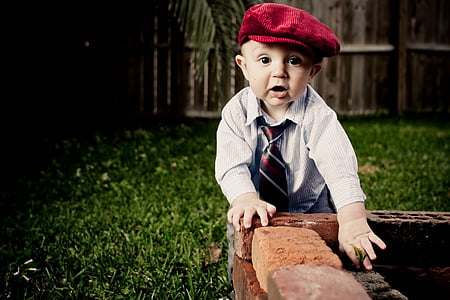 toddler boy standing on brown bricked bench thumbnail