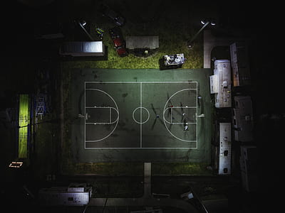 top view photo of gray and white basketball court thumbnail