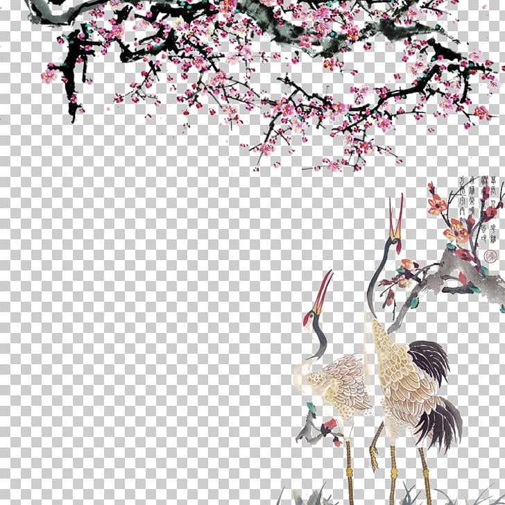 Crane Cherry blossom Peach, Red Crowned Crane under ink and wash peach blossoms, two gray-and-black birds under cherry blossom PNG clipart