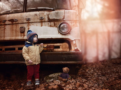 Toddler Wearing Brown Bubble Zip-up Jacket thumbnail