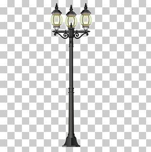 LED street light Lamp, Beautiful street light, black wrought iron 3-light lamp post PNG clipart