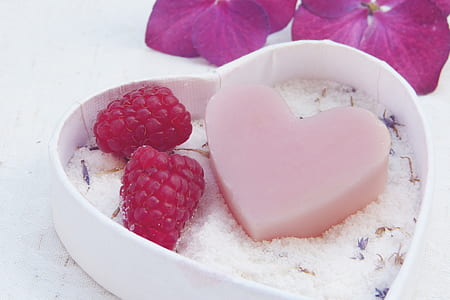 heart-shaped soap and strawberries on heart-shaped box thumbnail