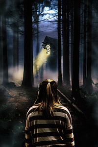 woman in beige and brown srtiped sweater standing inside woods during night time thumbnail