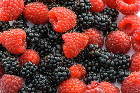 red raspberries and blackberries on white surface thumbnail