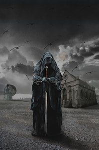 photo of man wearing black robe holding brown wooden-hilt sword near building with flight of crows thumbnail