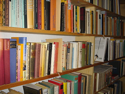 book lot on wooden book shelf thumbnail