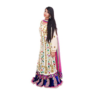 woman wearing white and multicolored paisley traditional Indian dress thumbnail