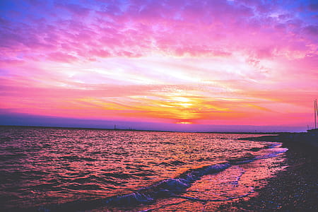 Body of Water Under Cloudy Sky At Golden Hour thumbnail