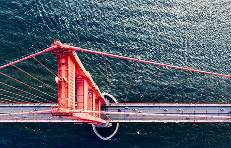 areal photography of red suspension bridge at daytime thumbnail