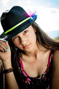 closeup photo of a woman wearing black fedora hat thumbnail