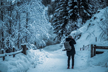man carrying backpack walking on snowfield forest thumbnail
