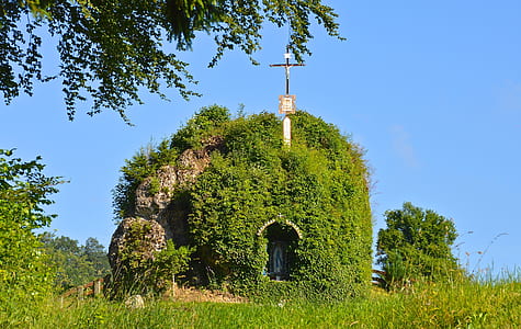 crucifix on top of grotto covered with green leafed plants thumbnail