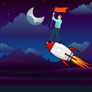 Man standing on a rocket holding a flag after great achievement. thumbnail
