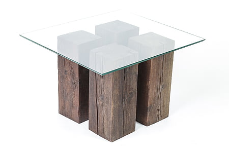 square clear glass table with brown base thumbnail