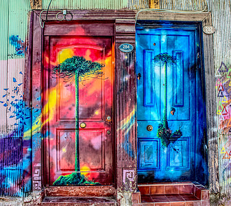 two red, blue, and green graffiti wooden 4-panel tree-printed doors thumbnail