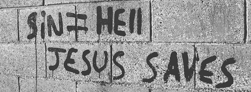 sin=hell Jesus saves painted on wall thumbnail