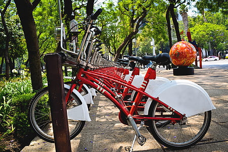 red bike parked on road thumbnail